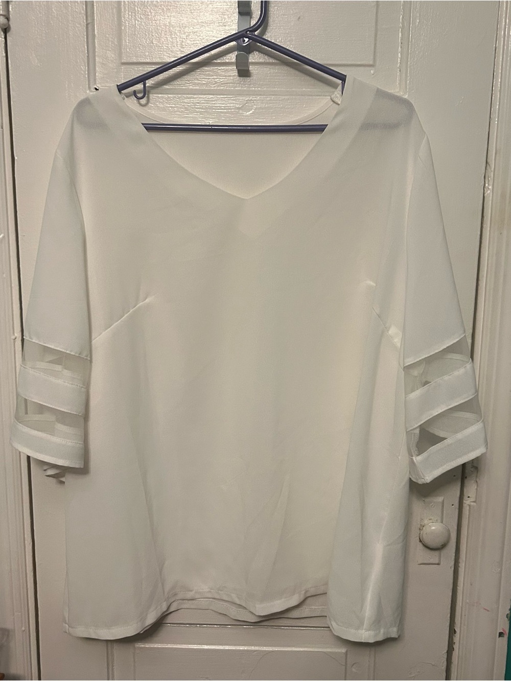 Classic White V-Neck Blouse with Sheer Stripe Sleeves
